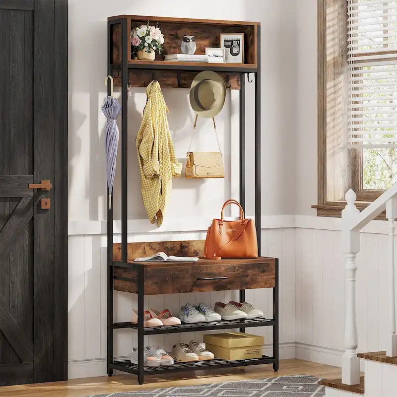 3-in-1 Rustic Brown Industrial Hall Tree with Shoe Bench and Hutch