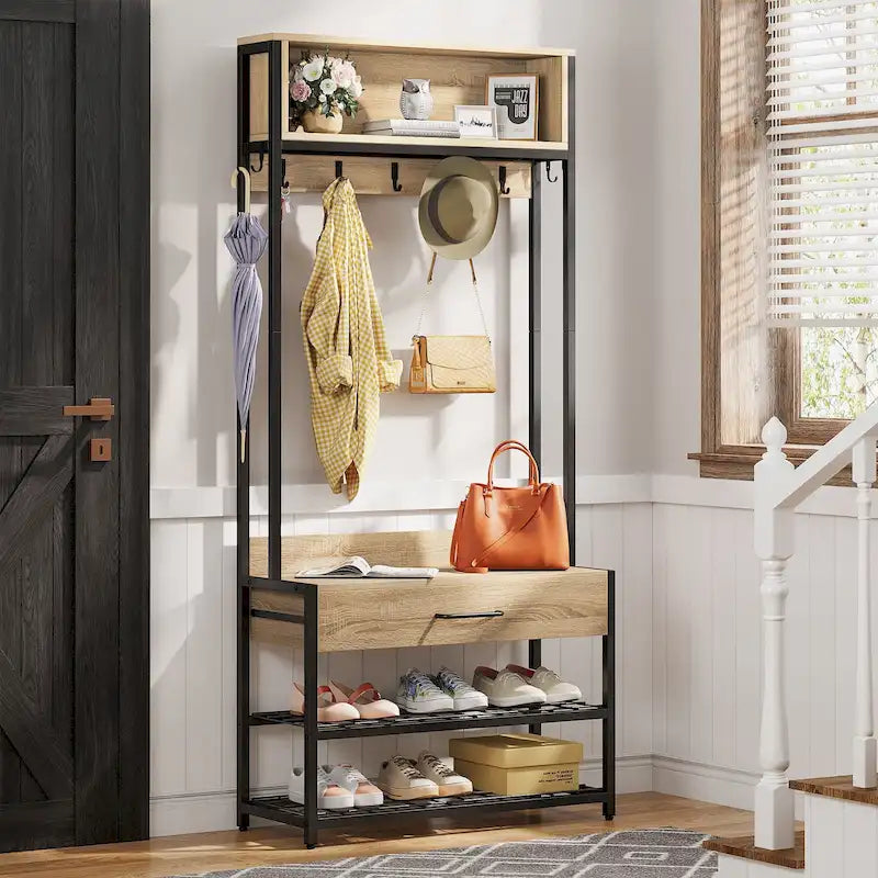3-in-1 Rustic Brown Industrial Hall Tree with Shoe Bench and Hutch