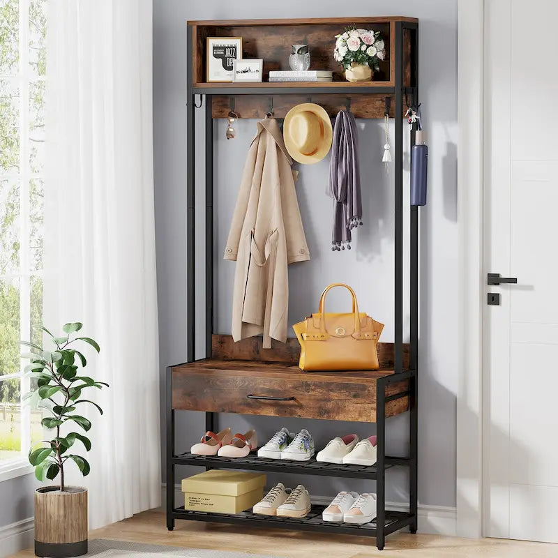 3-in-1 Rustic Brown Industrial Hall Tree with Shoe Bench and Hutch