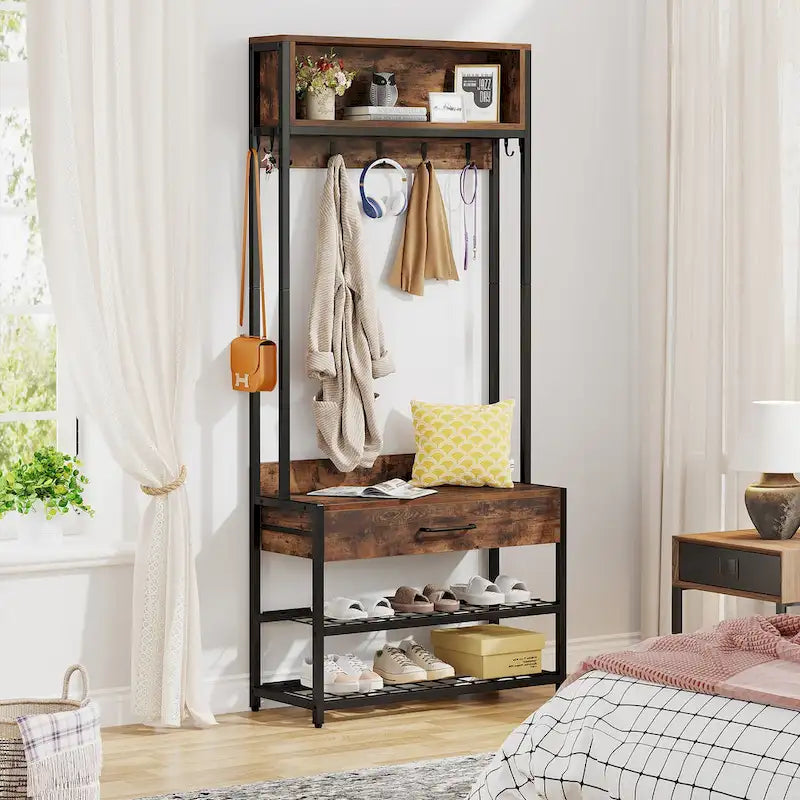 3-in-1 Rustic Brown Industrial Hall Tree with Shoe Bench and Hutch