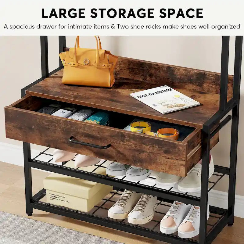 3-in-1 Rustic Brown Industrial Hall Tree with Shoe Bench and Hutch