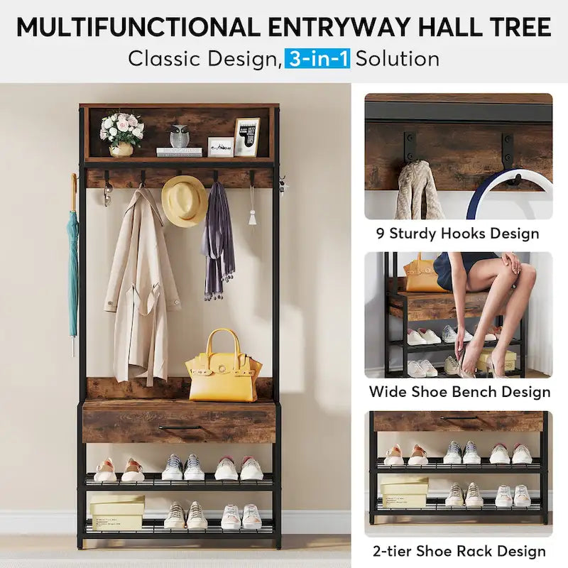 3-in-1 Rustic Brown Industrial Hall Tree with Shoe Bench and Hutch