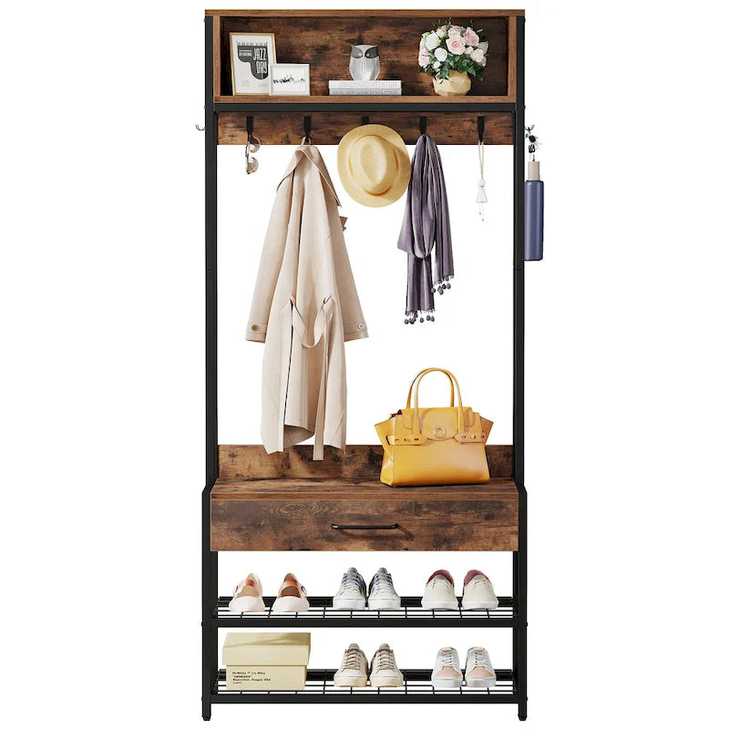 3-in-1 Rustic Brown Industrial Hall Tree with Shoe Bench and Hutch