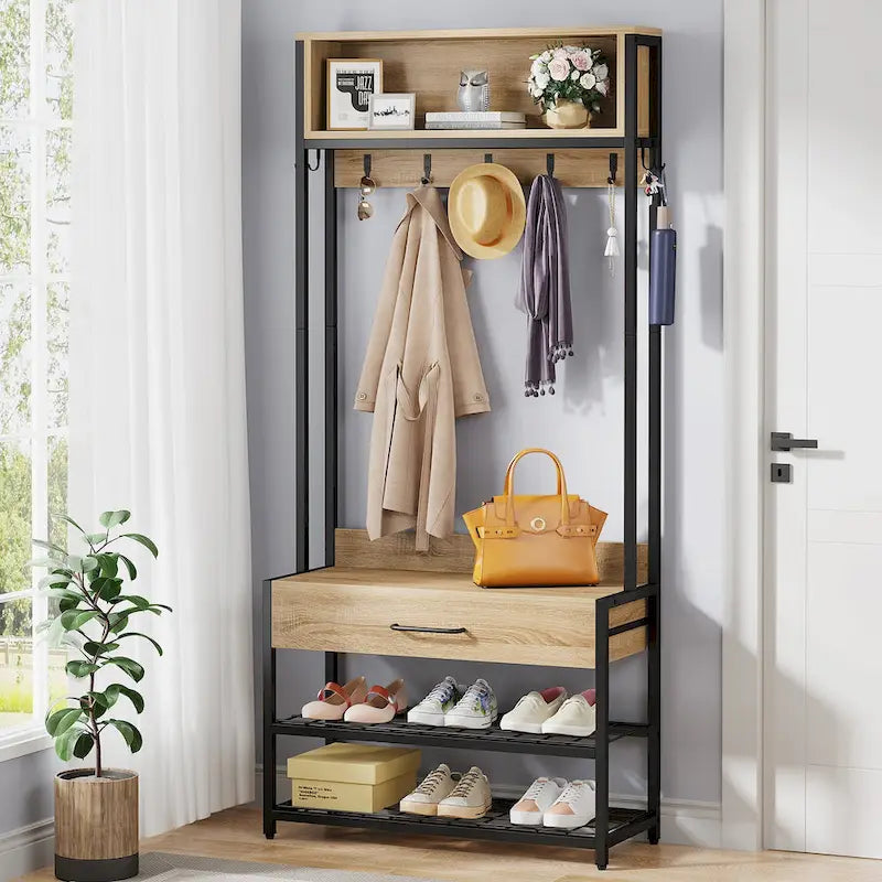 3-in-1 Rustic Brown Industrial Hall Tree with Shoe Bench and Hutch
