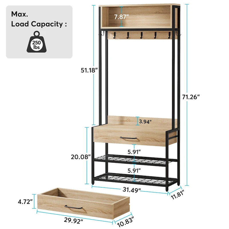 3-in-1 Rustic Brown Industrial Hall Tree with Shoe Bench and Hutch