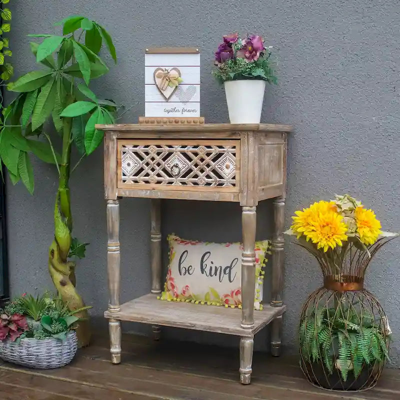 Farmhouse Nightstand with Carved Drawer and Open Shelf