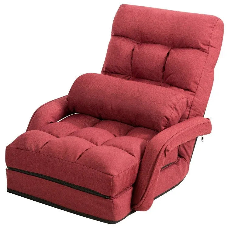 Folding Floor Lounge Chair with Armrests and Lumbar Pillow, Red