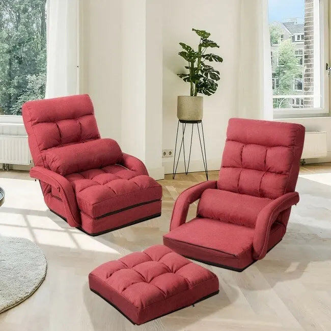 Folding Floor Lounge Chair with Armrests and Lumbar Pillow, Red
