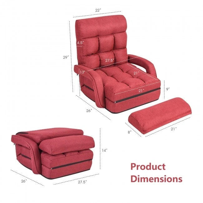 Folding Floor Lounge Chair with Armrests and Lumbar Pillow, Red