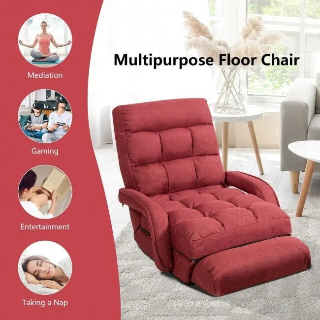 Folding Floor Lounge Chair with Armrests and Lumbar Pillow, Red