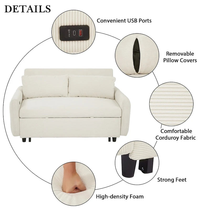 Convertible Pull-out Sofa Bed with USB Ports and Adjustable Backrest