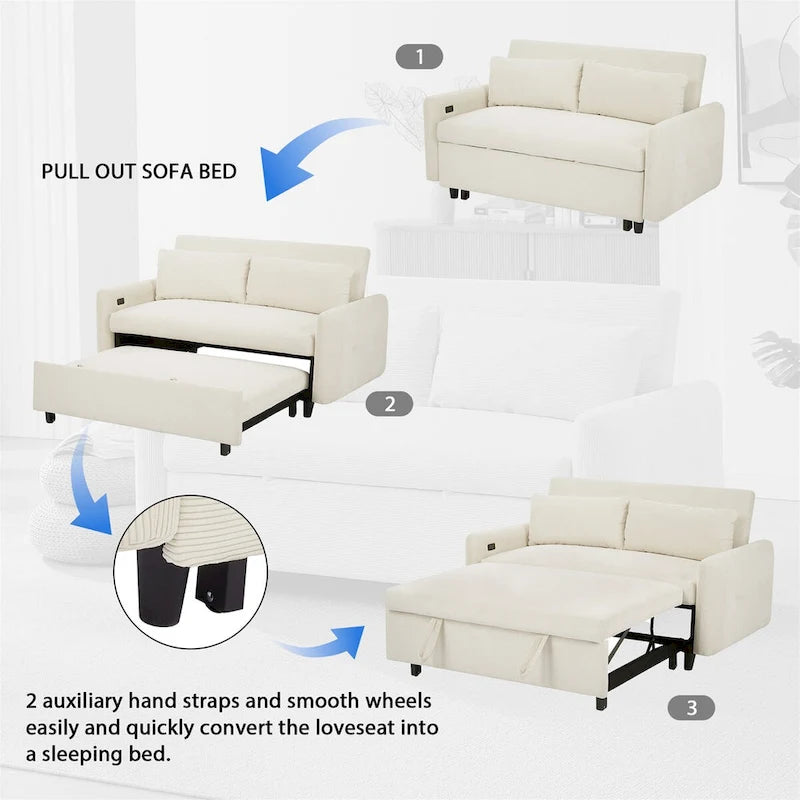 Convertible Pull-out Sofa Bed with USB Ports and Adjustable Backrest
