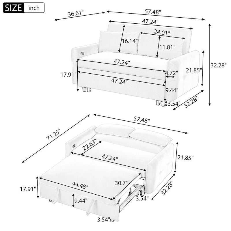 Convertible Pull-out Sofa Bed with USB Ports and Adjustable Backrest
