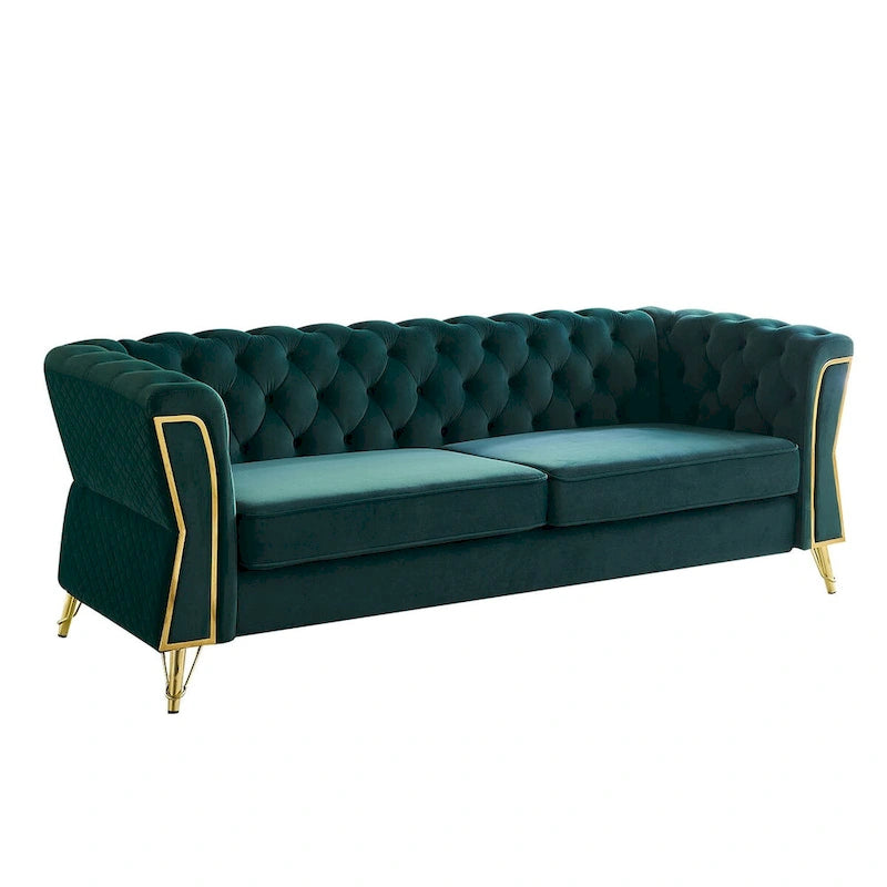 Aksamitna sofa pikowana w stylu mid-century, 87.4"