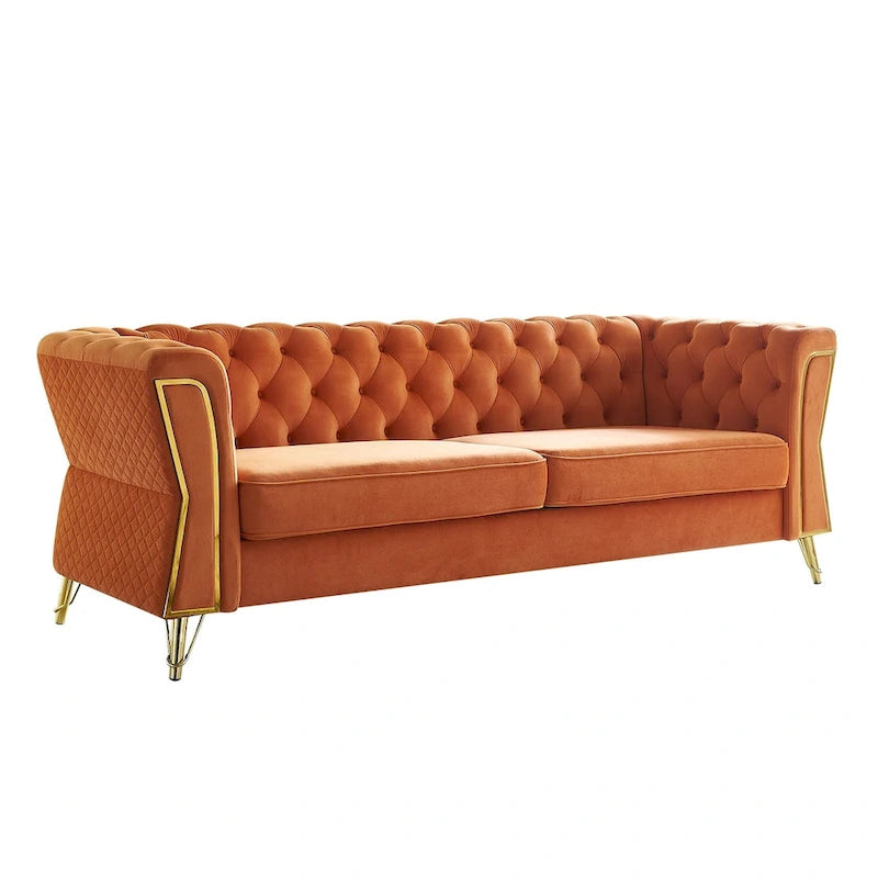 Aksamitna sofa pikowana w stylu mid-century, 87.4"