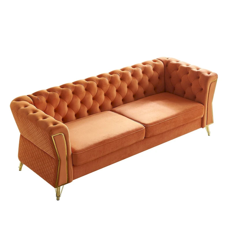 Aksamitna sofa pikowana w stylu mid-century, 87.4"