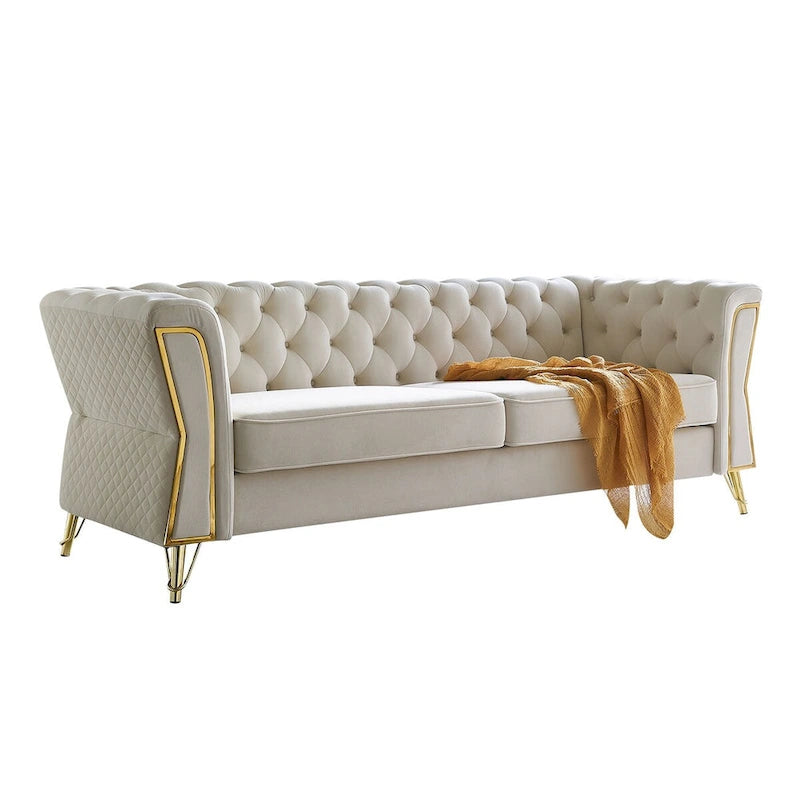 Aksamitna sofa pikowana w stylu mid-century, 87.4"