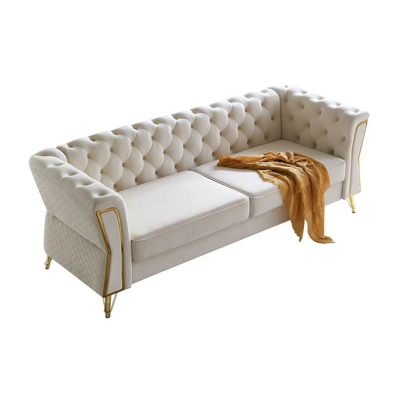 Aksamitna sofa pikowana w stylu mid-century, 87.4"