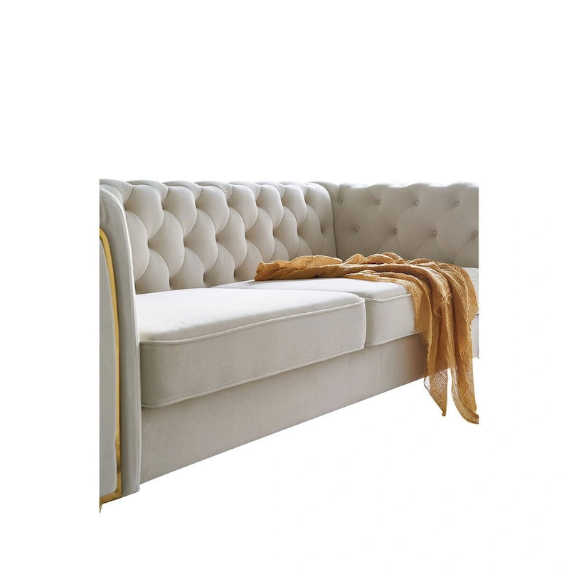 Aksamitna sofa pikowana w stylu mid-century, 87.4"