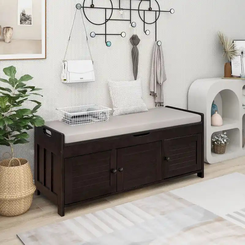 Rustic Storage Bench with Shutter Doors and Removable Cushion