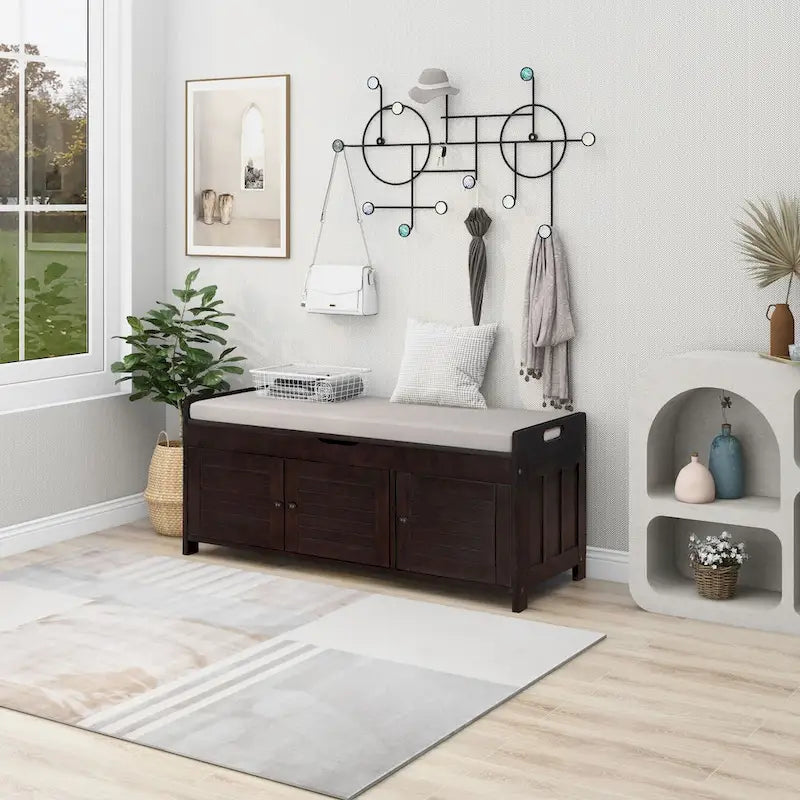 Rustic Storage Bench with Shutter Doors and Removable Cushion