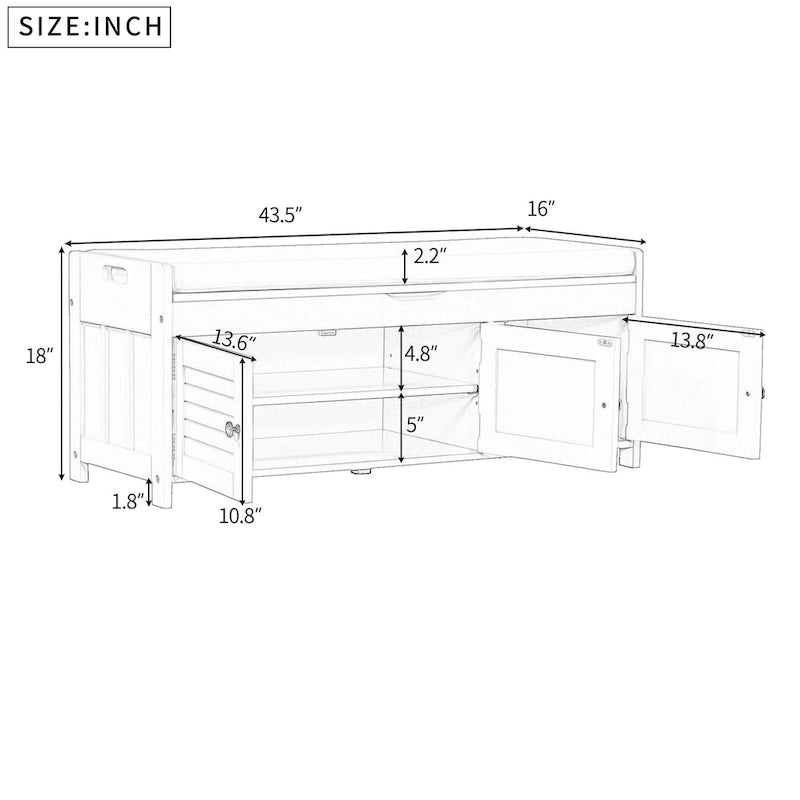 Rustic Storage Bench with Shutter Doors and Removable Cushion