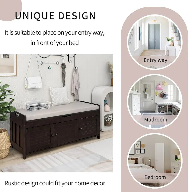 Rustic Storage Bench with Shutter Doors and Removable Cushion
