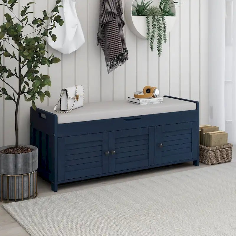 Rustic Storage Bench with Shutter Doors and Removable Cushion