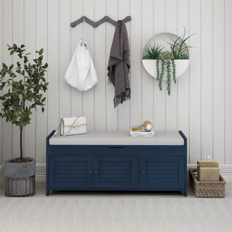 Rustic Storage Bench with Shutter Doors and Removable Cushion