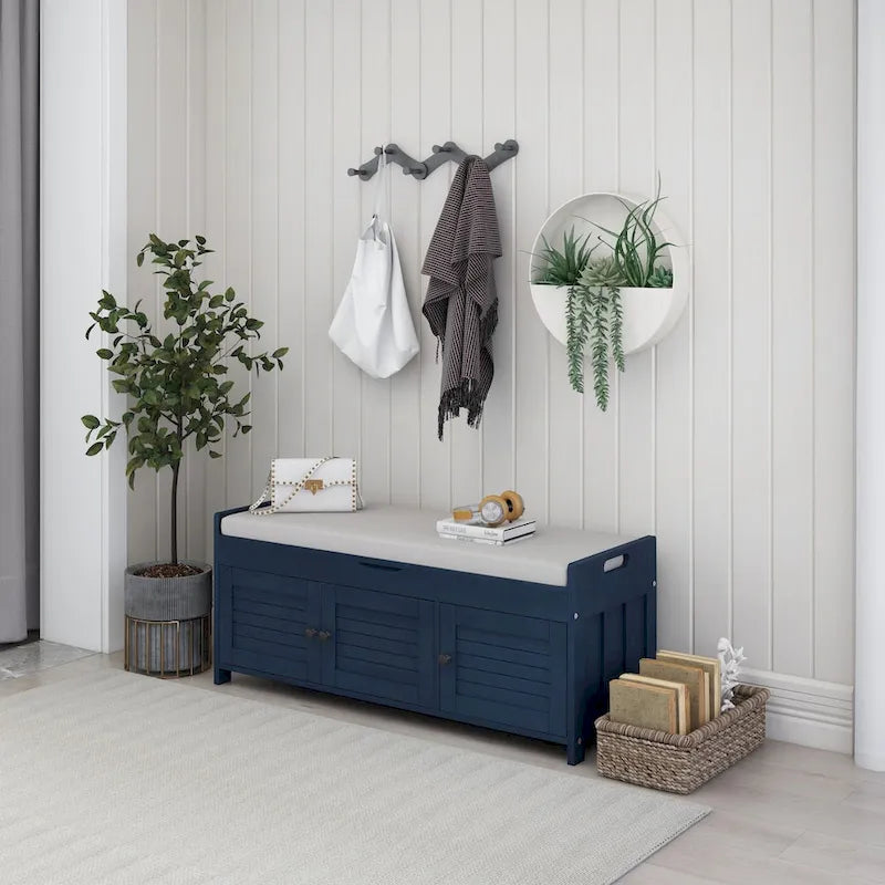 Rustic Storage Bench with Shutter Doors and Removable Cushion