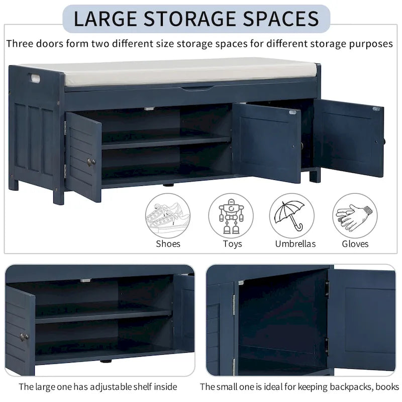 Rustic Storage Bench with Shutter Doors and Removable Cushion