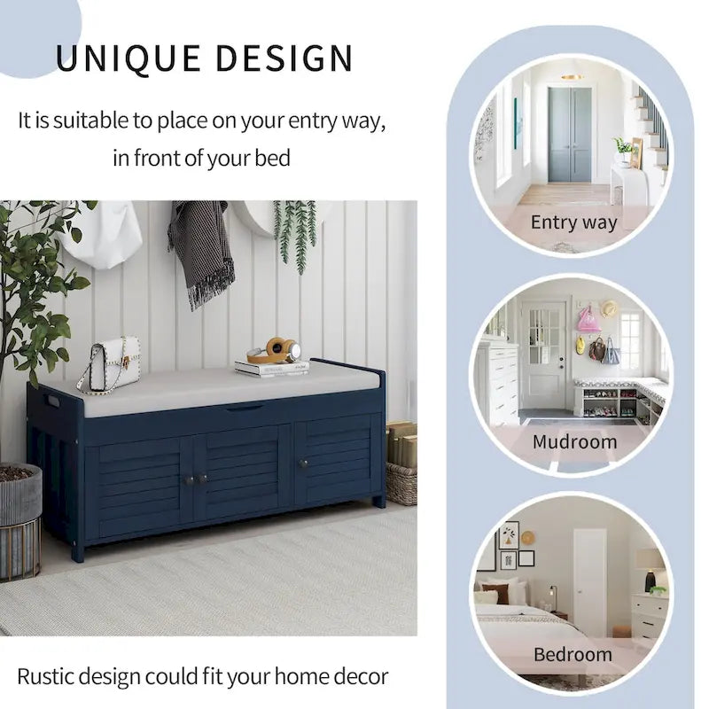 Rustic Storage Bench with Shutter Doors and Removable Cushion
