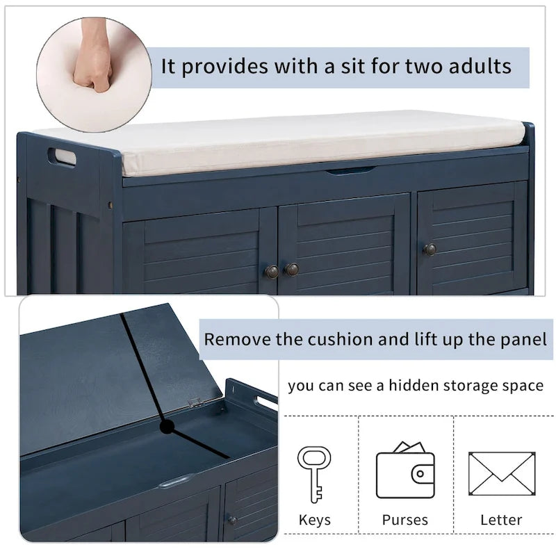 Rustic Storage Bench with Shutter Doors and Removable Cushion