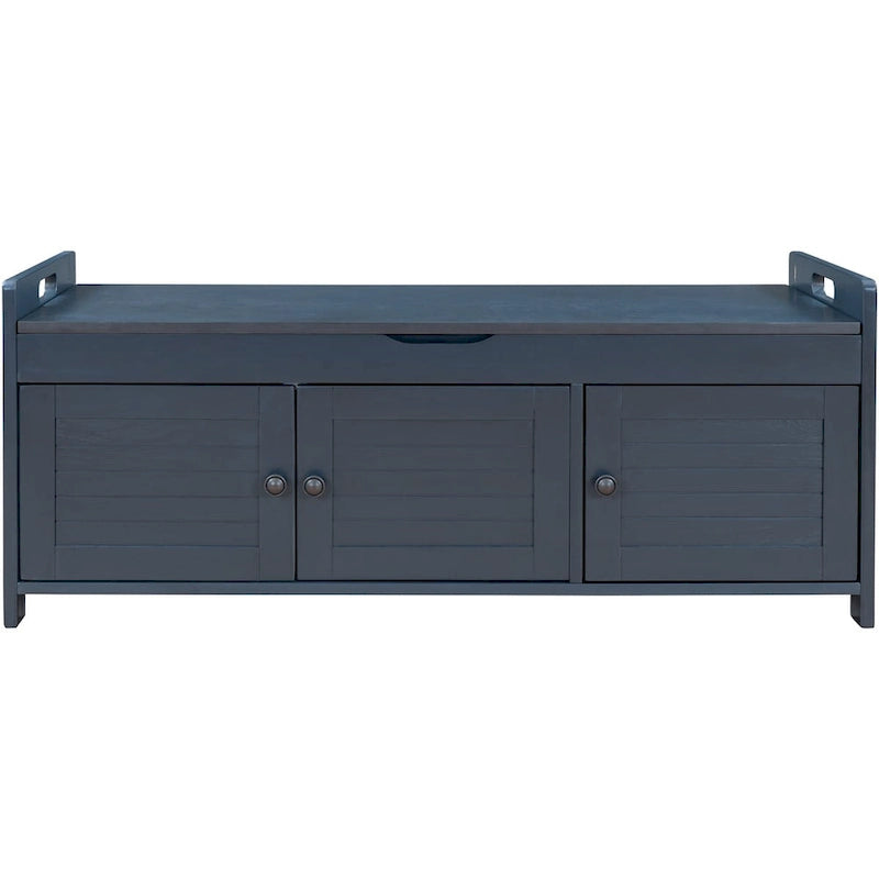 Rustic Storage Bench with Shutter Doors and Removable Cushion