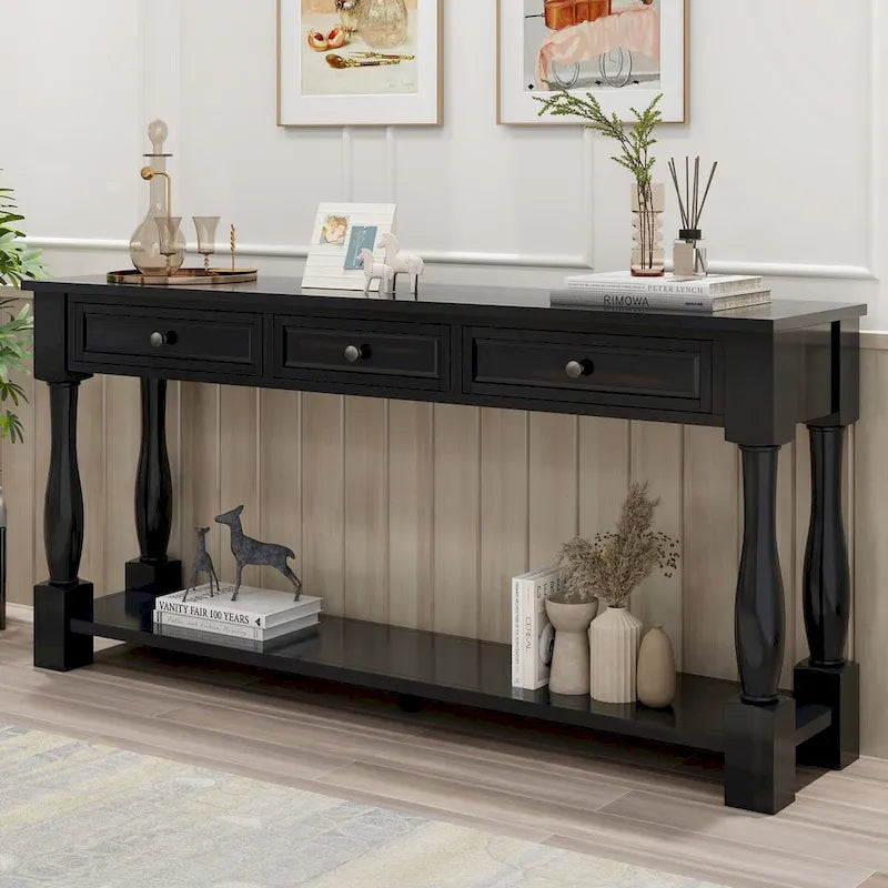 63" French Country Console Table with 3 Drawers and Bottom Shelf