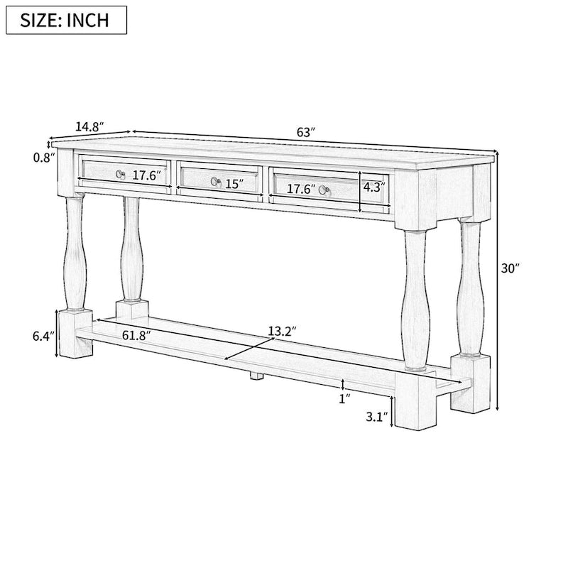 63" French Country Console Table with 3 Drawers and Bottom Shelf
