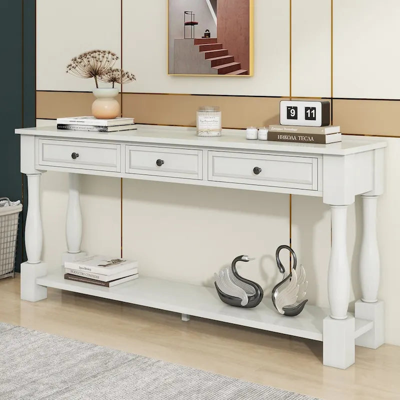 63" French Country Console Table with 3 Drawers and Bottom Shelf