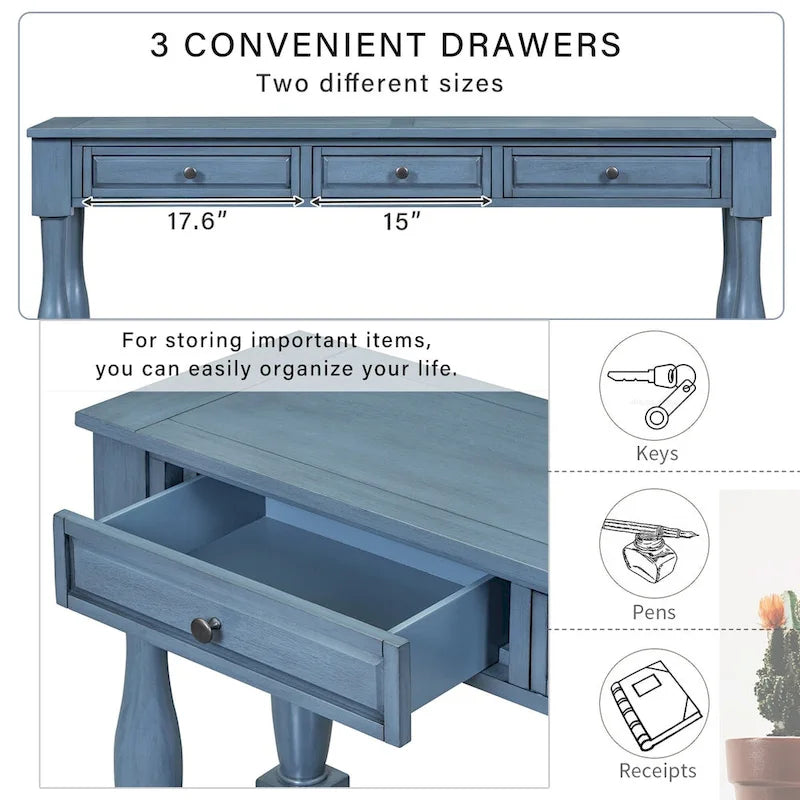 63" French Country Console Table with 3 Drawers and Bottom Shelf