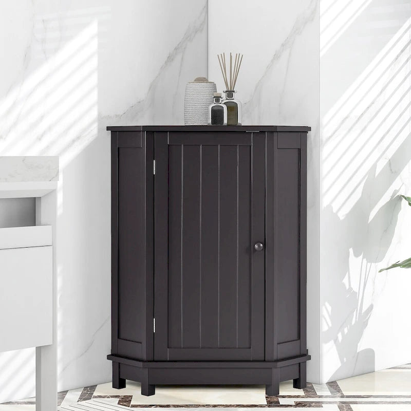 Meuble de rangement de salle de bains triangulaire d'angle avec 2 tablettes intérieures