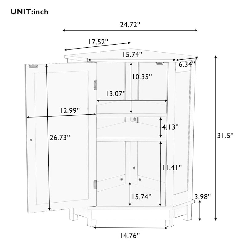 Meuble de rangement de salle de bains triangulaire d'angle avec 2 tablettes intérieures