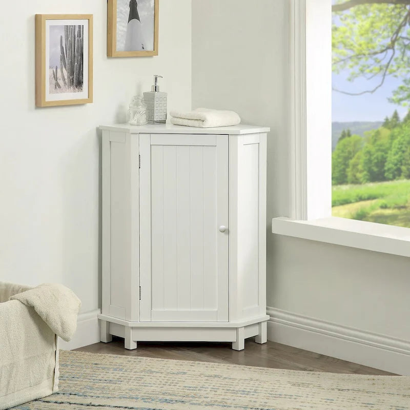 Meuble de rangement de salle de bains triangulaire d'angle avec 2 tablettes intérieures