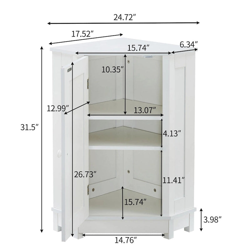 Meuble de rangement de salle de bains triangulaire d'angle avec 2 tablettes intérieures