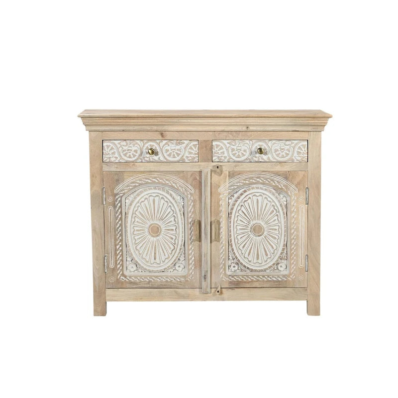 Carved Solid Mango Wood Sideboard with 2 Drawers and 2 Doors