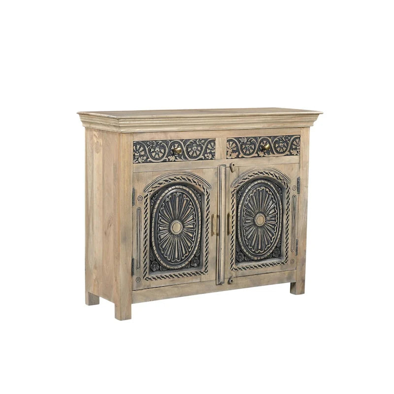 Carved Solid Mango Wood Sideboard with 2 Drawers and 2 Doors