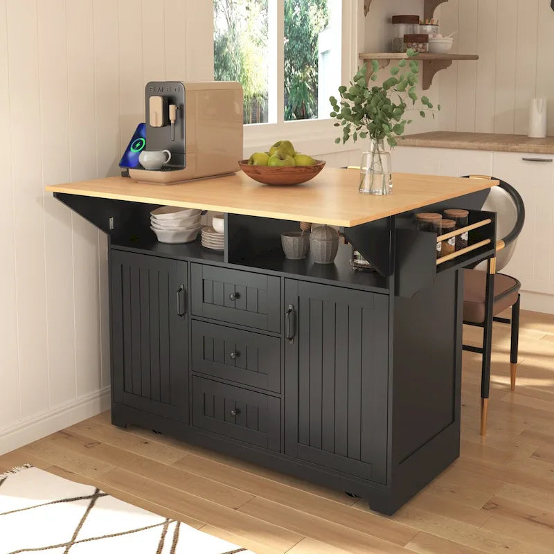 55.7" Rolling Kitchen Island with 2 Drop Leaves, Power Outlet, and 3 Drawers