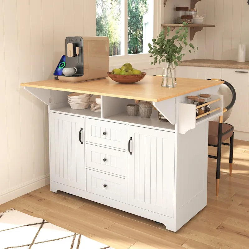 55.7" Rolling Kitchen Island with 2 Drop Leaves, Power Outlet, and 3 Drawers