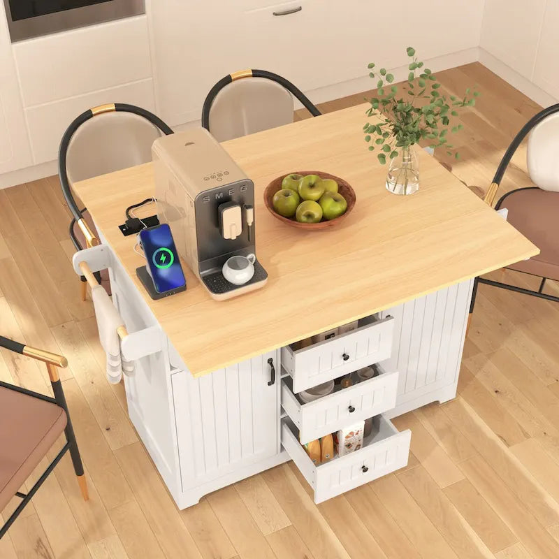 55.7" Rolling Kitchen Island with 2 Drop Leaves, Power Outlet, and 3 Drawers