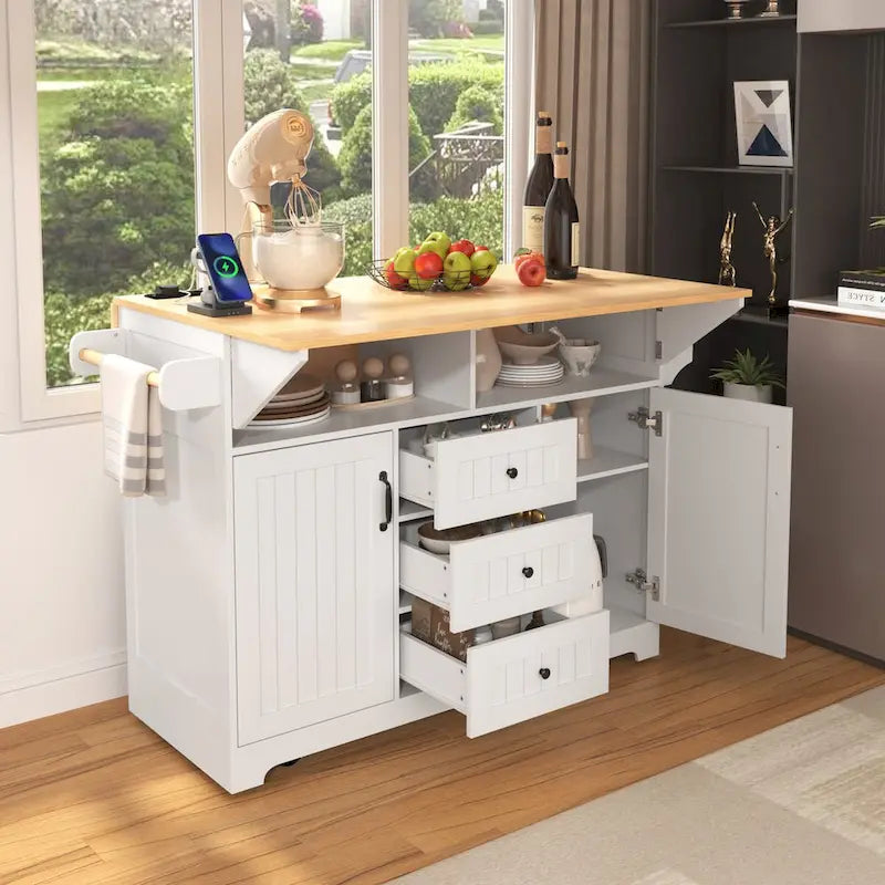 55.7" Rolling Kitchen Island with 2 Drop Leaves, Power Outlet, and 3 Drawers
