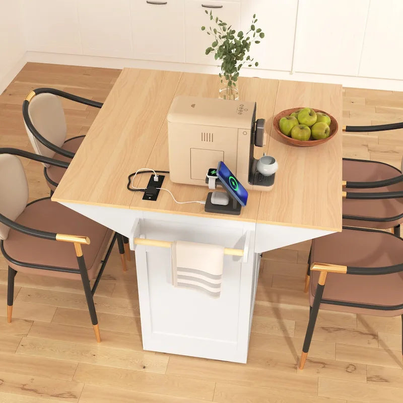 55.7" Rolling Kitchen Island with 2 Drop Leaves, Power Outlet, and 3 Drawers
