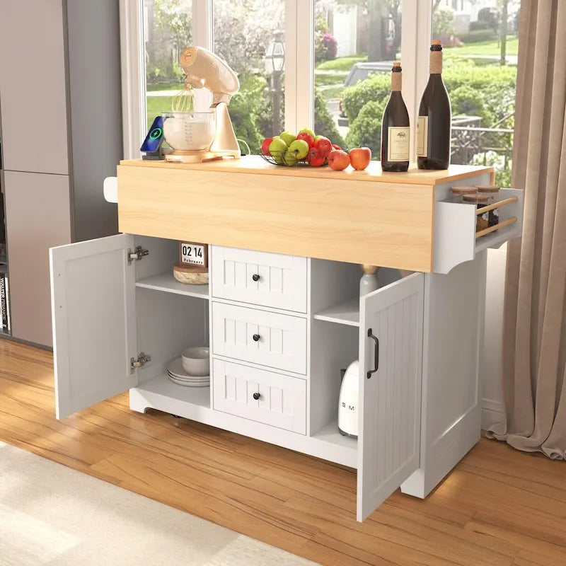 55.7" Rolling Kitchen Island with 2 Drop Leaves, Power Outlet, and 3 Drawers